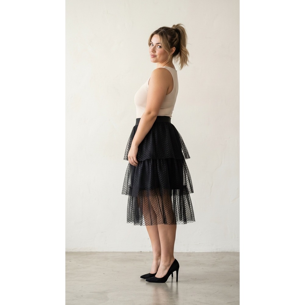 Black Tiered Tulle Midi Skirt Point‎ d'Esprit Mesh Layered Tutu Gypsy Womens 1X